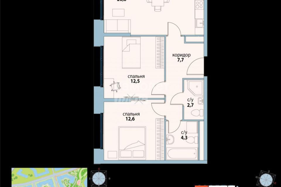 Продаётся 2-комнатная квартира, 62.5 м²
