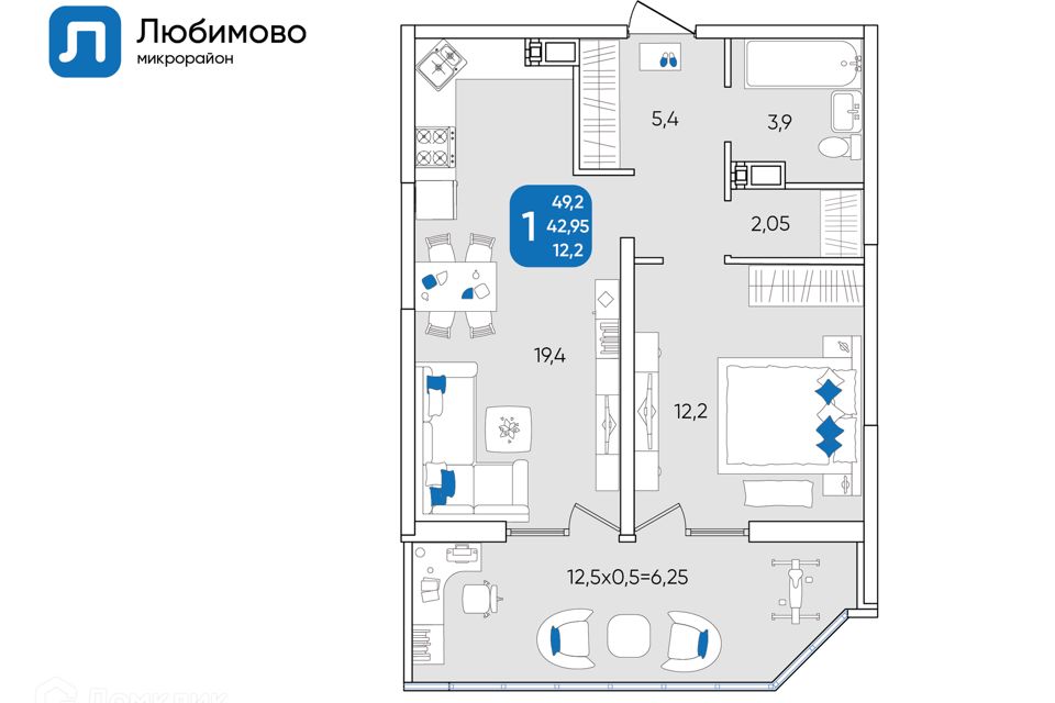 Продаётся 1-комнатная квартира, 49.2 м²