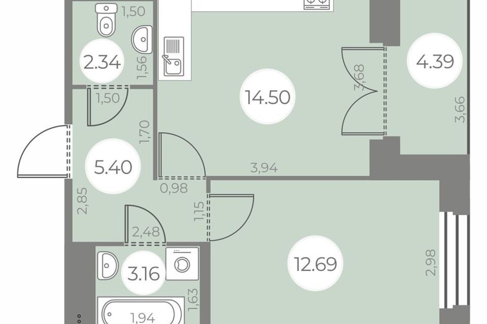 Продаётся 1-комнатная квартира, 40.28 м²