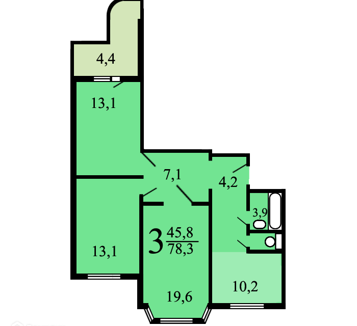 Продаётся 3-комнатная квартира, 72.4 м²