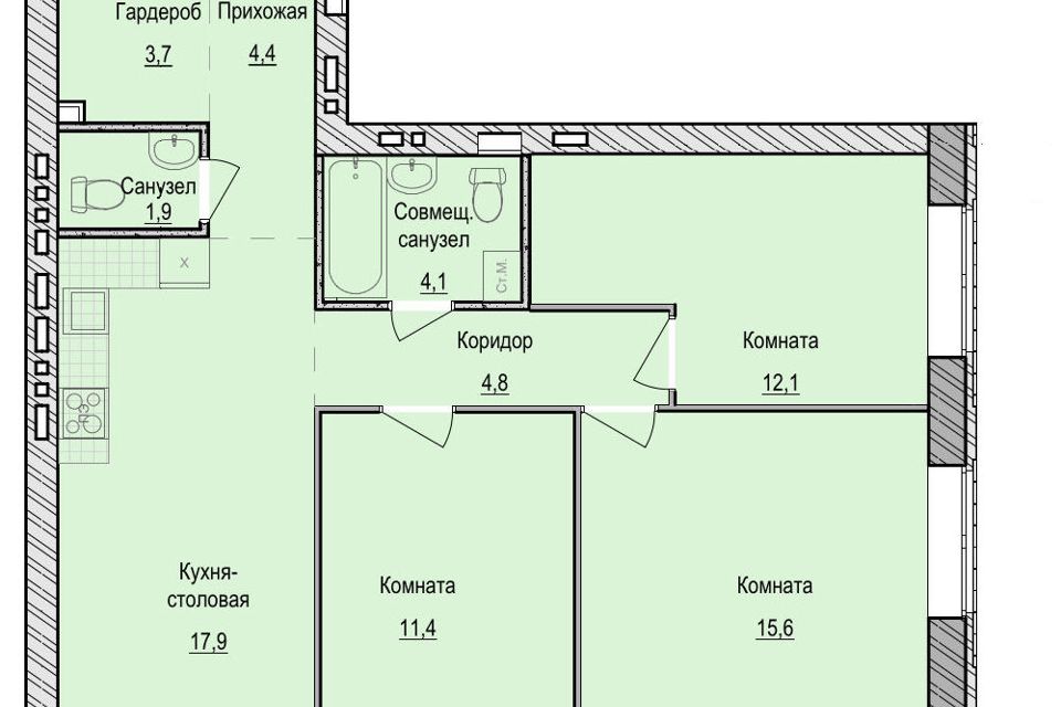 Продаётся 3-комнатная квартира, 75.9 м²