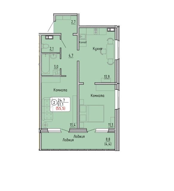 Продаётся 2-комнатная квартира, 55.5 м²