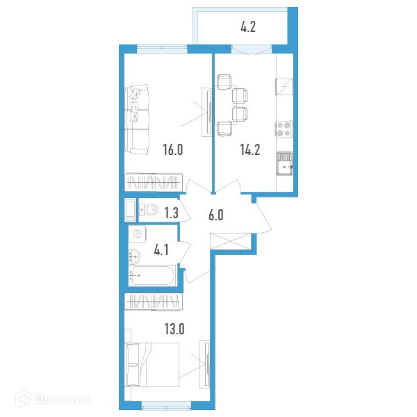 Продаётся 2-комнатная квартира, 56.7 м²