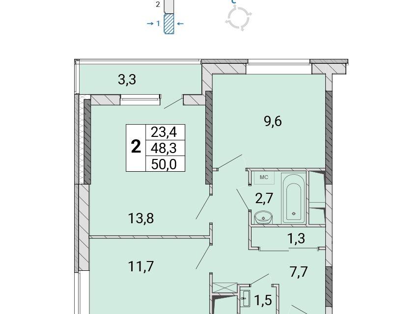 Продаётся 2-комнатная квартира, 49.9 м²