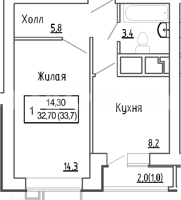 Продаётся 1-комнатная квартира, 33 м²