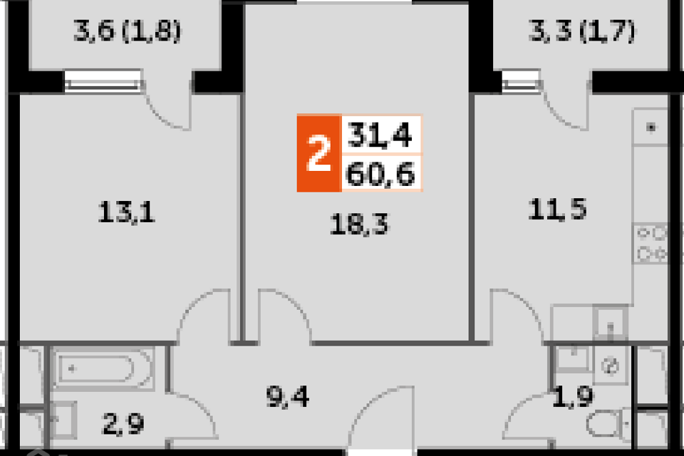 Продаётся 2-комнатная квартира, 60.6 м²