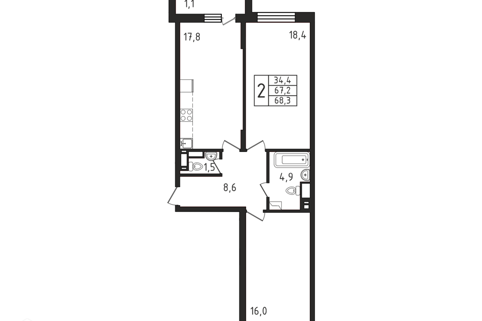 Продаётся 2-комнатная квартира, 68.3 м²