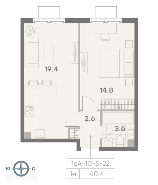 Продаётся 1-комнатная квартира, 40.4 м²