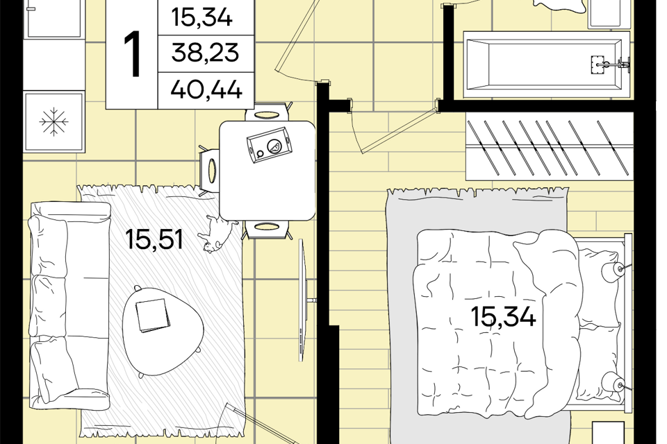 Продаётся 1-комнатная квартира, 40.44 м²