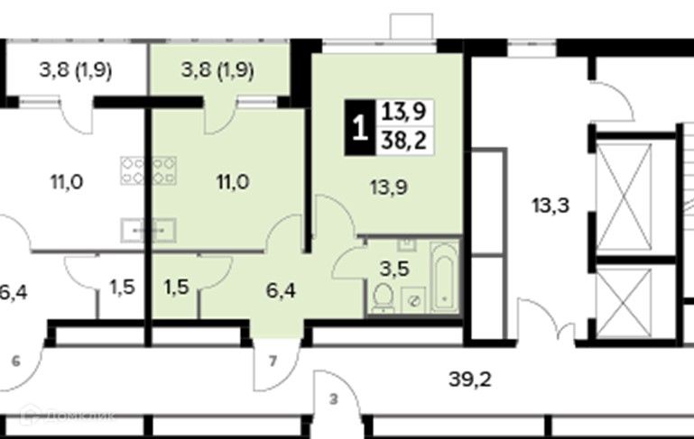 Продаётся 1-комнатная квартира, 38.2 м²