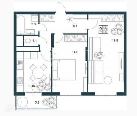 Продаётся 2-комнатная квартира, 58.3 м²