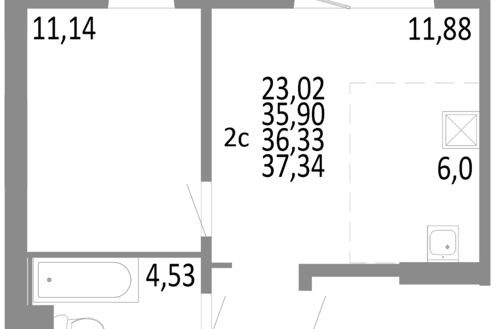 Продаётся 2-комнатная квартира, 36.33 м²