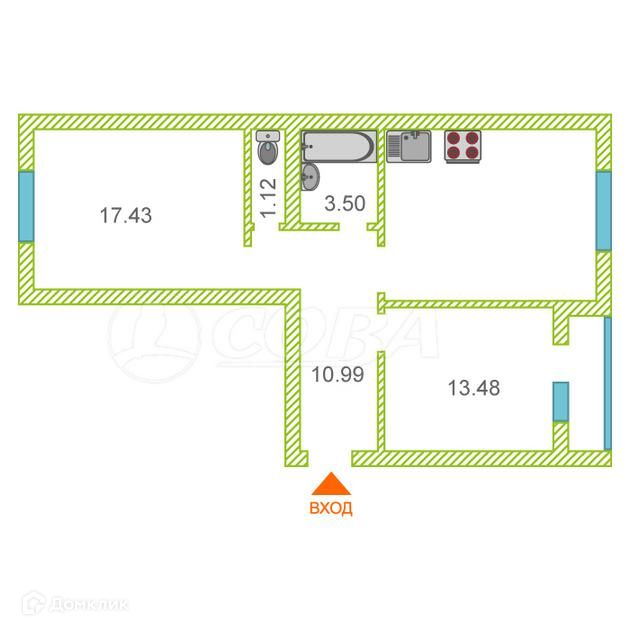 Продаётся 2-комнатная квартира, 72.9 м²