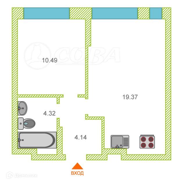 Продаётся 1-комнатная квартира, 38.3 м²