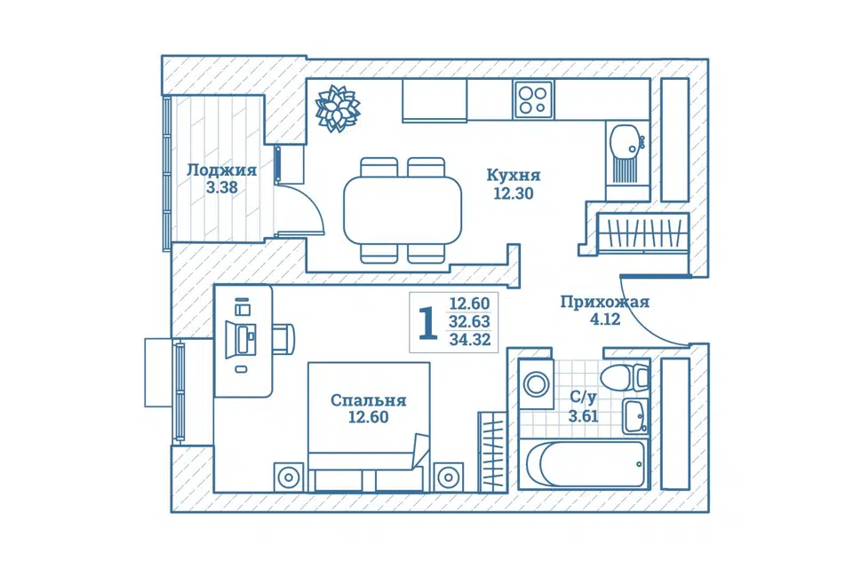 Продаётся 1-комнатная квартира, 34.7 м²