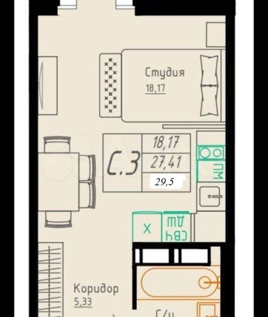 Продаётся студия, 29.5 м²