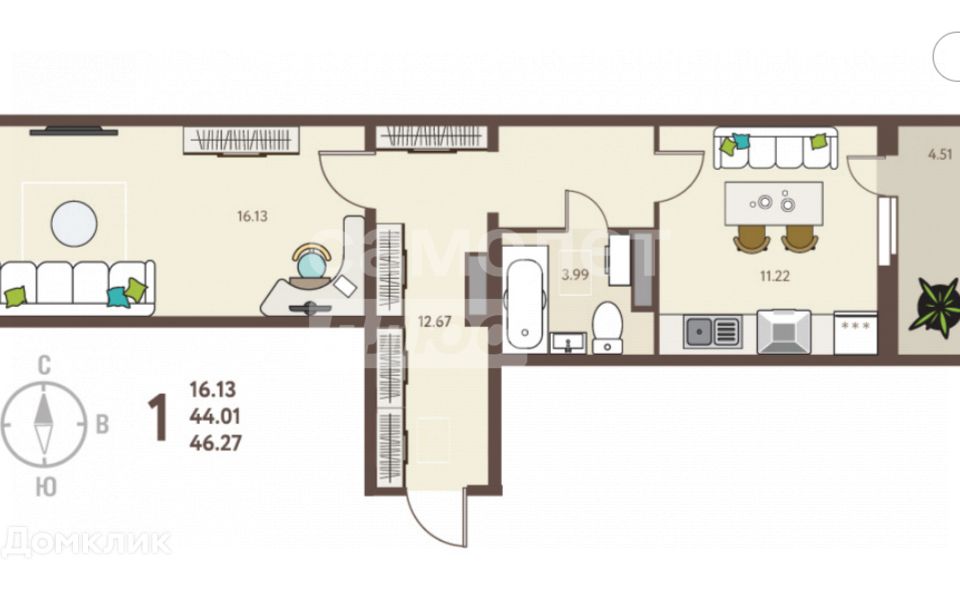 Продаётся 1-комнатная квартира, 46.27 м²