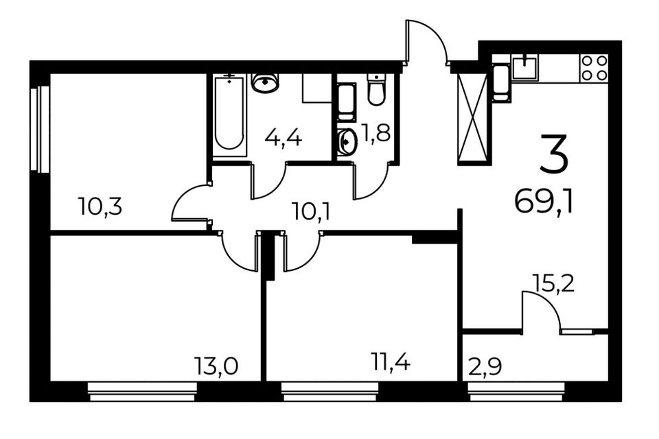 Продаётся 3-комнатная квартира, 67.8 м²