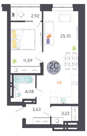 Продаётся 2-комнатная квартира, 47.63 м²