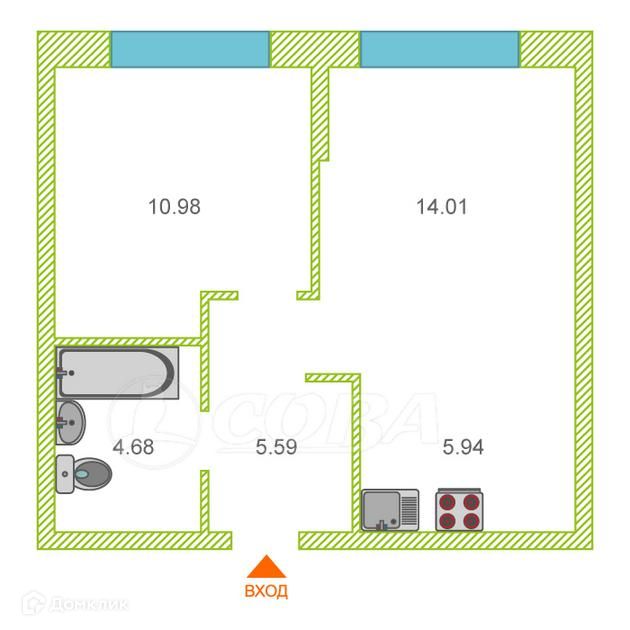Продаётся 1-комнатная квартира, 41.2 м²