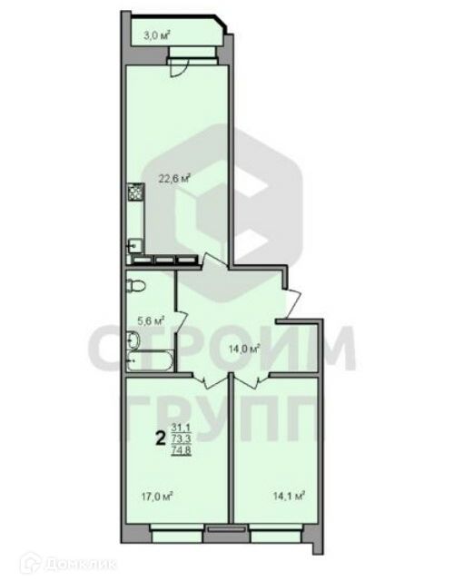 Продаётся 1-комнатная квартира, 73.9 м²