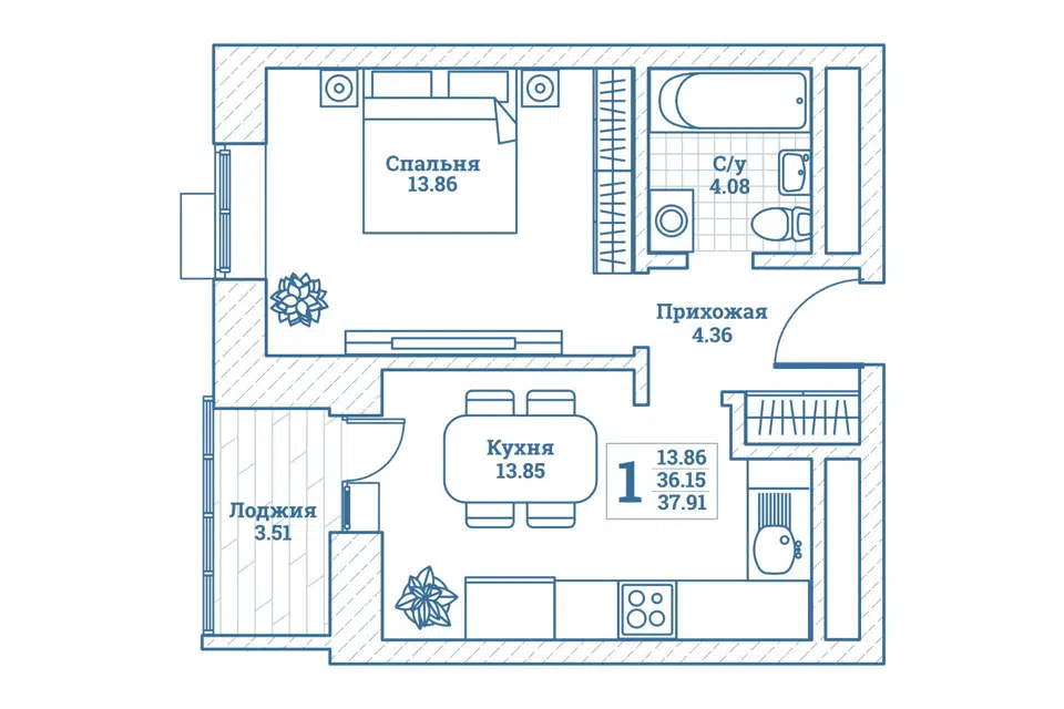 Продаётся 1-комнатная квартира, 38.1 м²