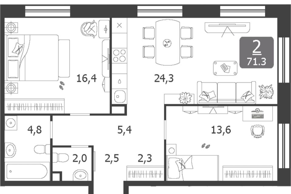 Продаётся 2-комнатная квартира, 71.2 м²