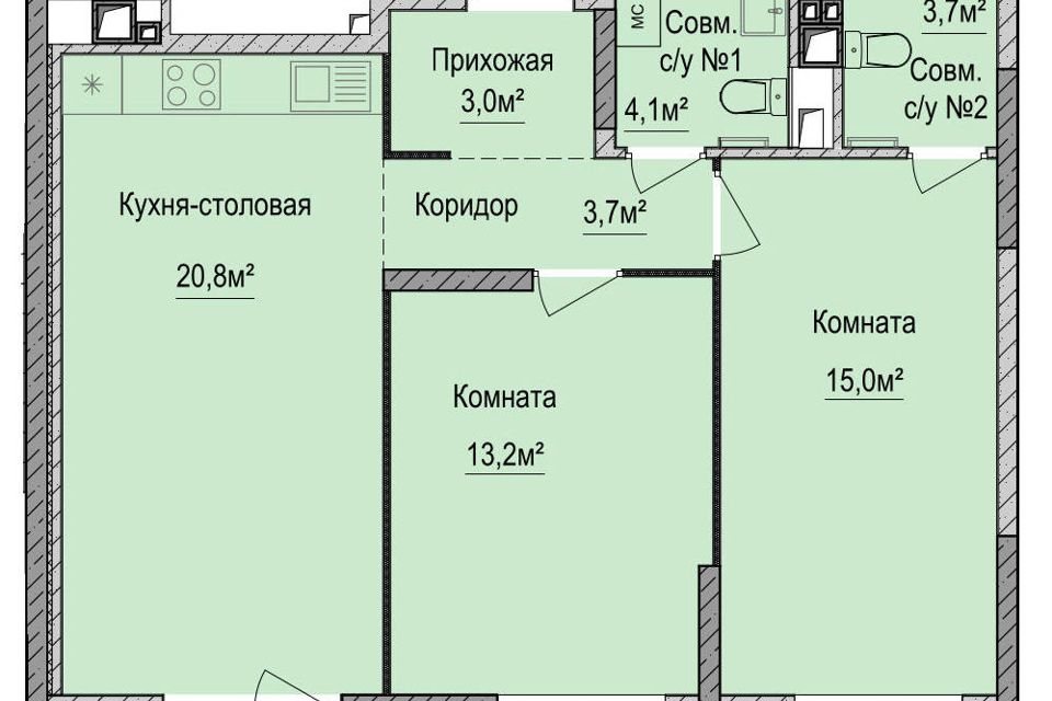 Продаётся 2-комнатная квартира, 64.2 м²