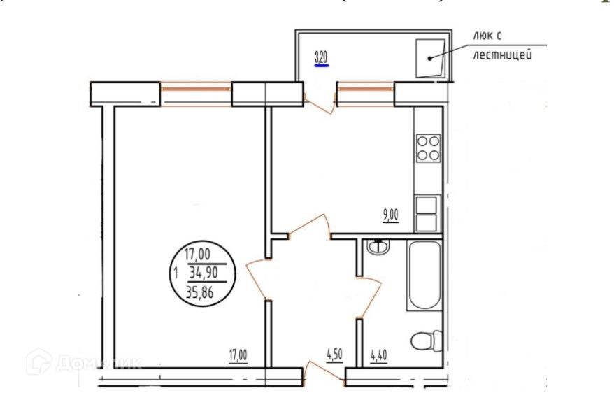 Продаётся 1-комнатная квартира, 35.8 м²
