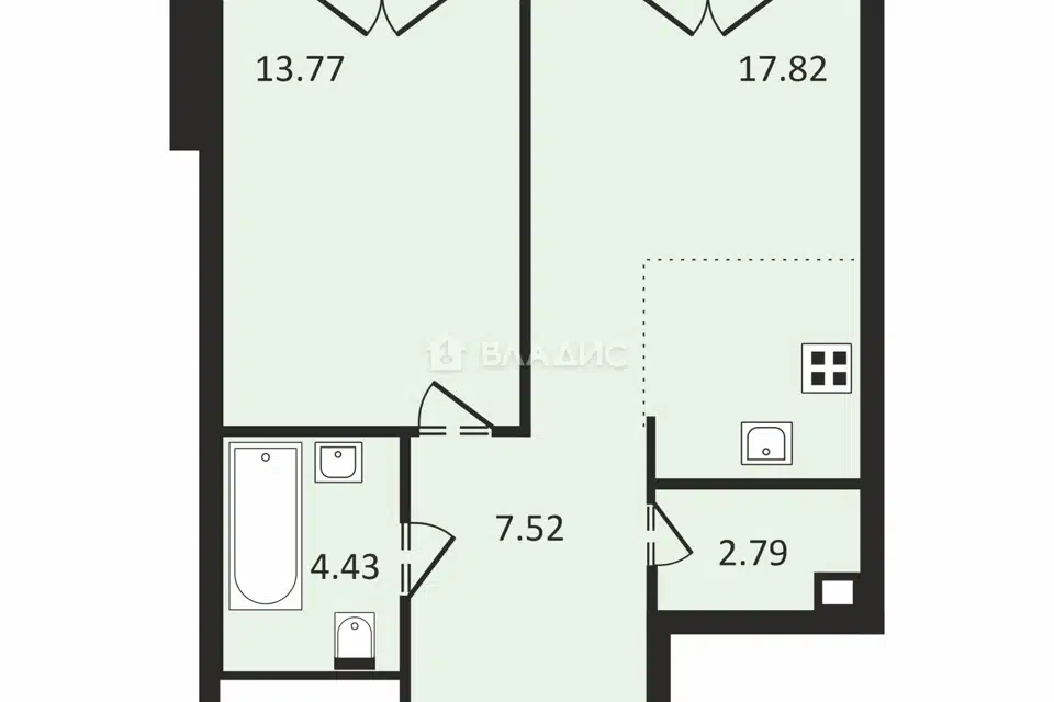 Продаётся 1-комнатная квартира, 46.4 м²