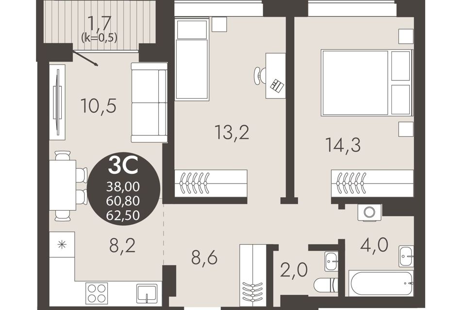Продаётся студия, 62.5 м²