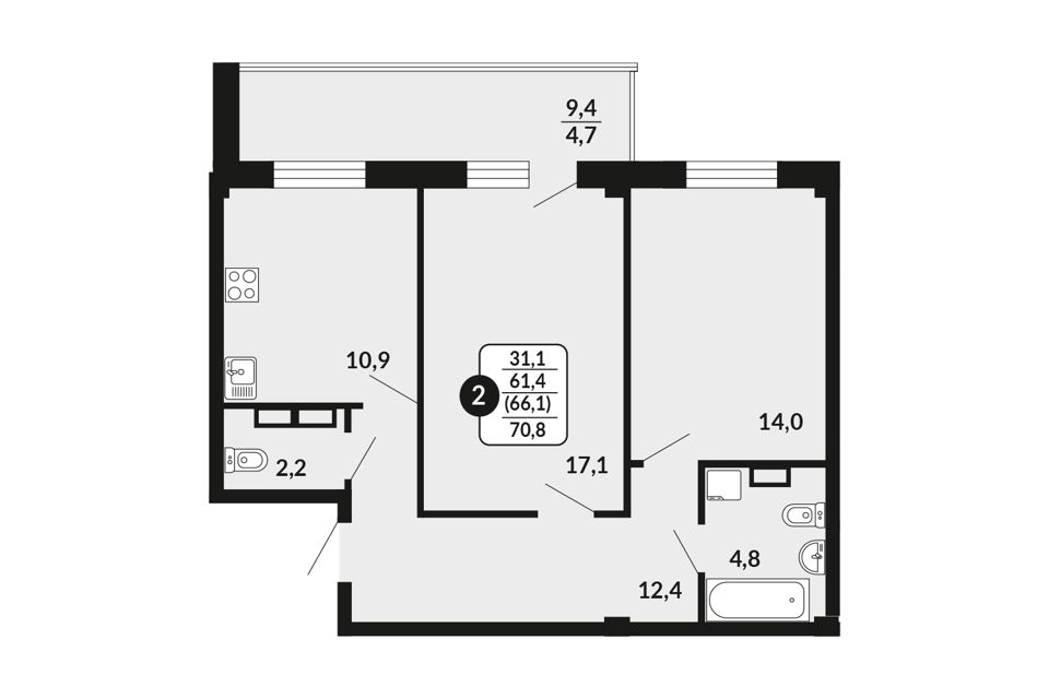 Продаётся 2-комнатная квартира, 66.1 м²