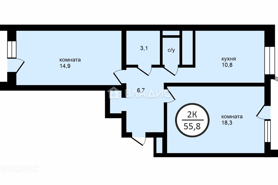Продаётся 2-комнатная квартира, 55.8 м²