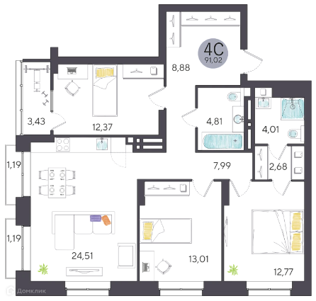 Продаётся 4-комнатная квартира, 91.02 м²