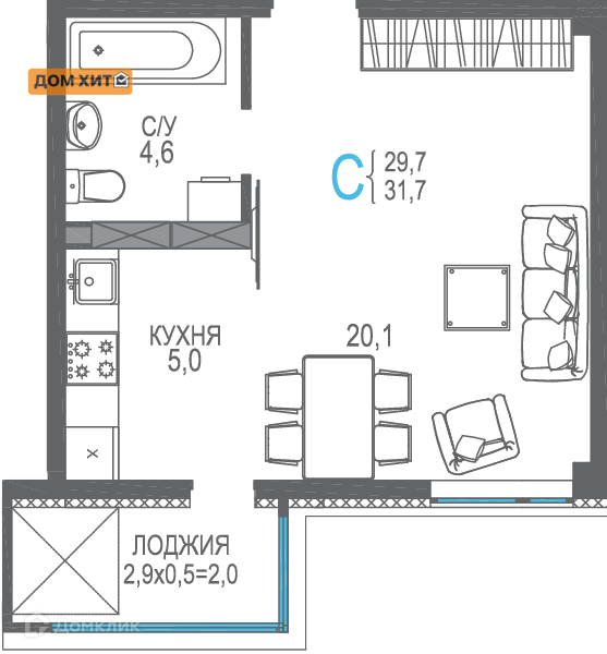 Продаётся 1-комнатная квартира, 33.5 м²