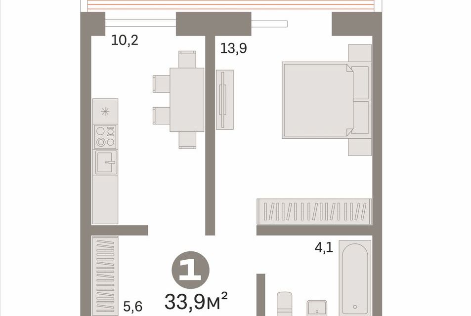 Продаётся 1-комнатная квартира, 33.9 м²
