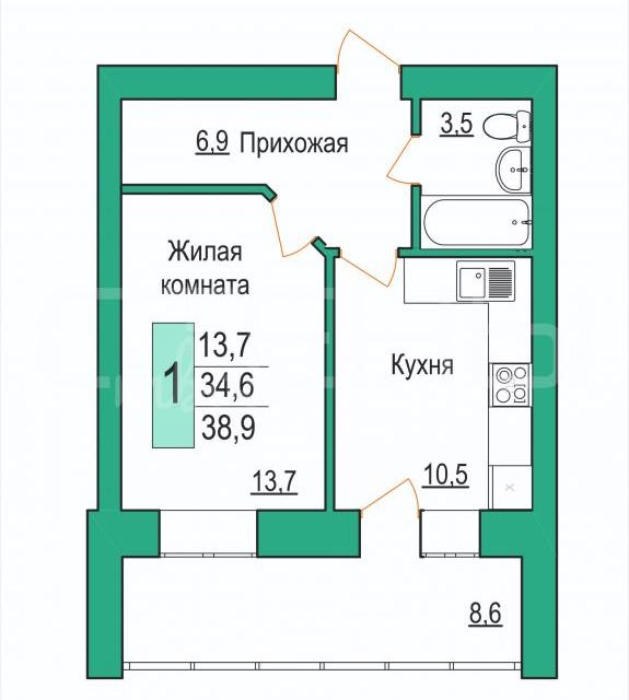 Продаётся 1-комнатная квартира, 37.9 м²