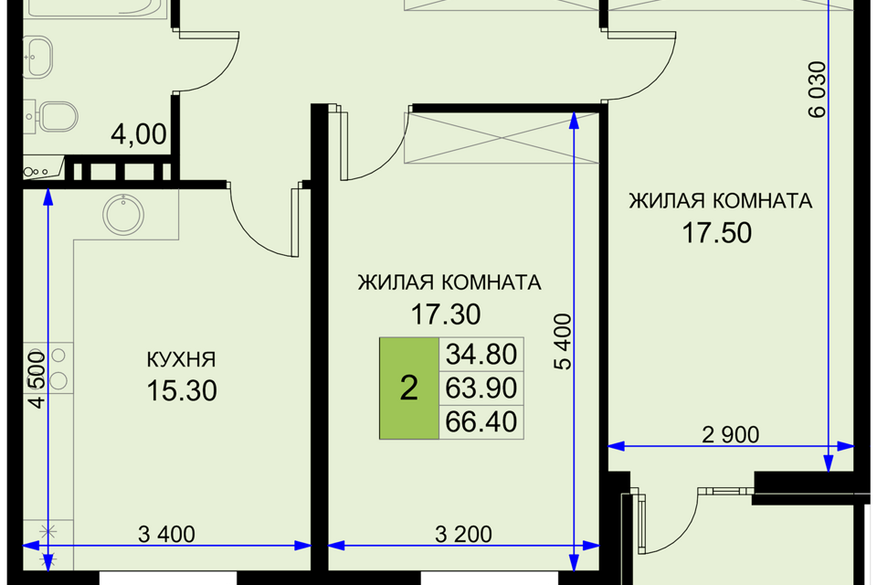 Продаётся 2-комнатная квартира, 66.4 м²