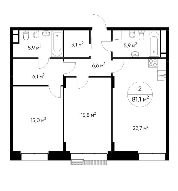 Продаётся 2-комнатная квартира, 81.1 м²