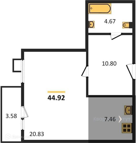 Продаётся студия, 44.92 м²