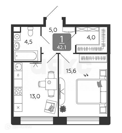 Продаётся 1-комнатная квартира, 42.1 м²