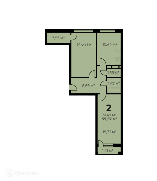 Продаётся 2-комнатная квартира, 57.9 м²
