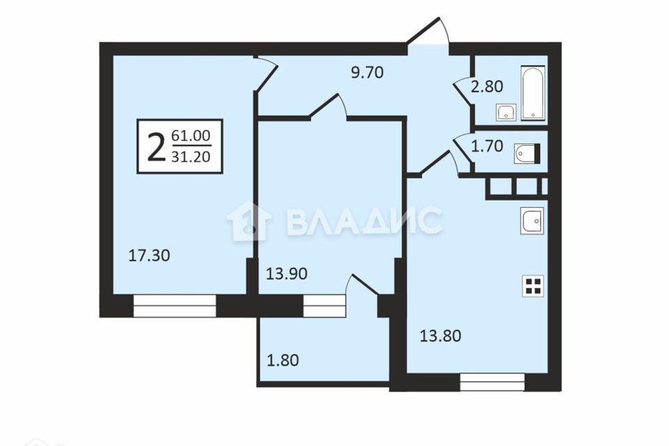 Продаётся 2-комнатная квартира, 59.8 м²