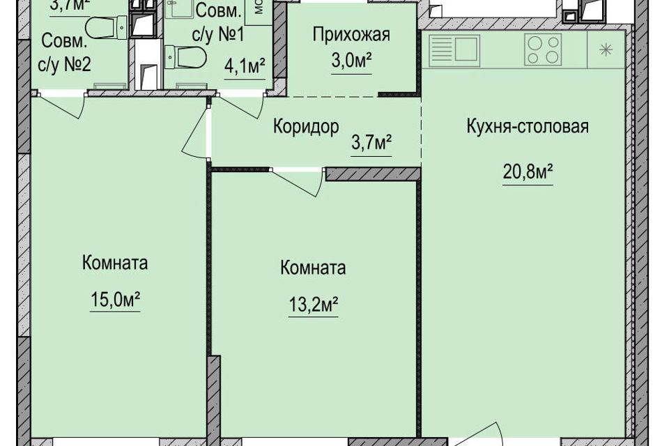Продаётся 2-комнатная квартира, 64.2 м²