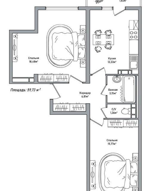 Продаётся 2-комнатная квартира, 59.73 м²