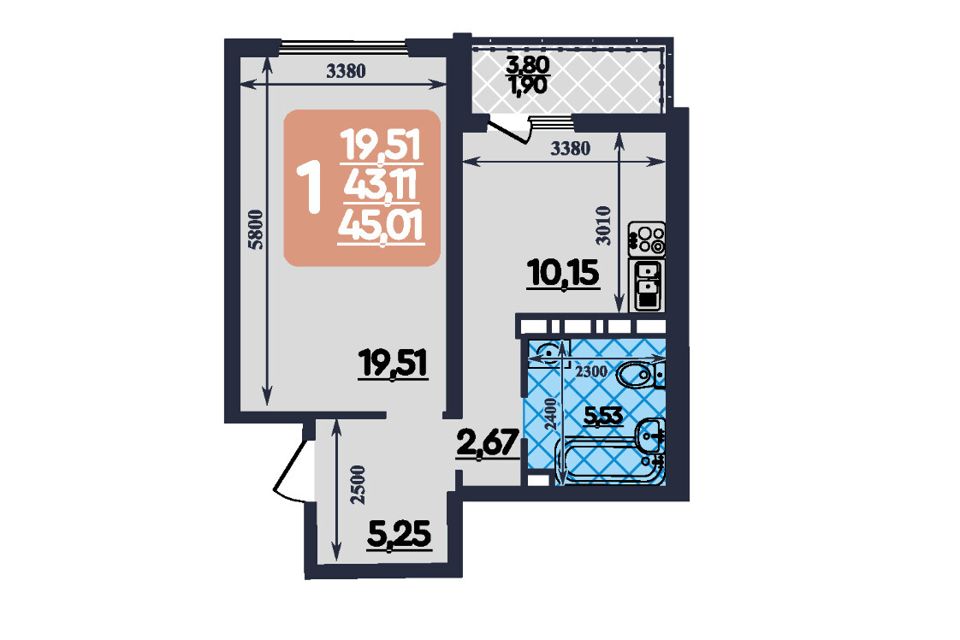 Продаётся 1-комнатная квартира, 45.01 м²