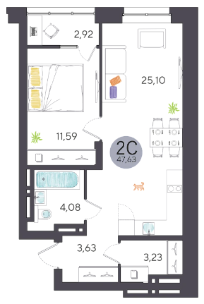 Продаётся 2-комнатная квартира, 47.63 м²