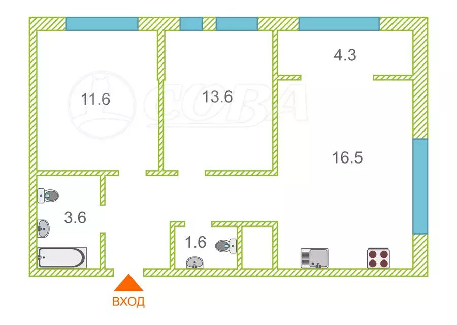Продаётся 3-комнатная квартира, 56 м²