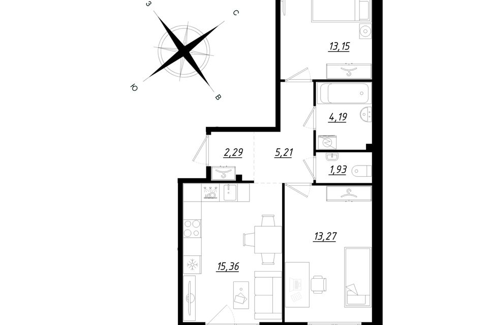 Продаётся 2-комнатная квартира, 58.05 м²