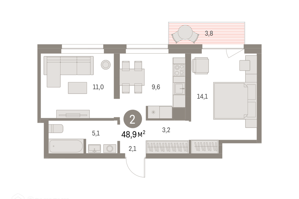 Продаётся 2-комнатная квартира, 48.94 м²